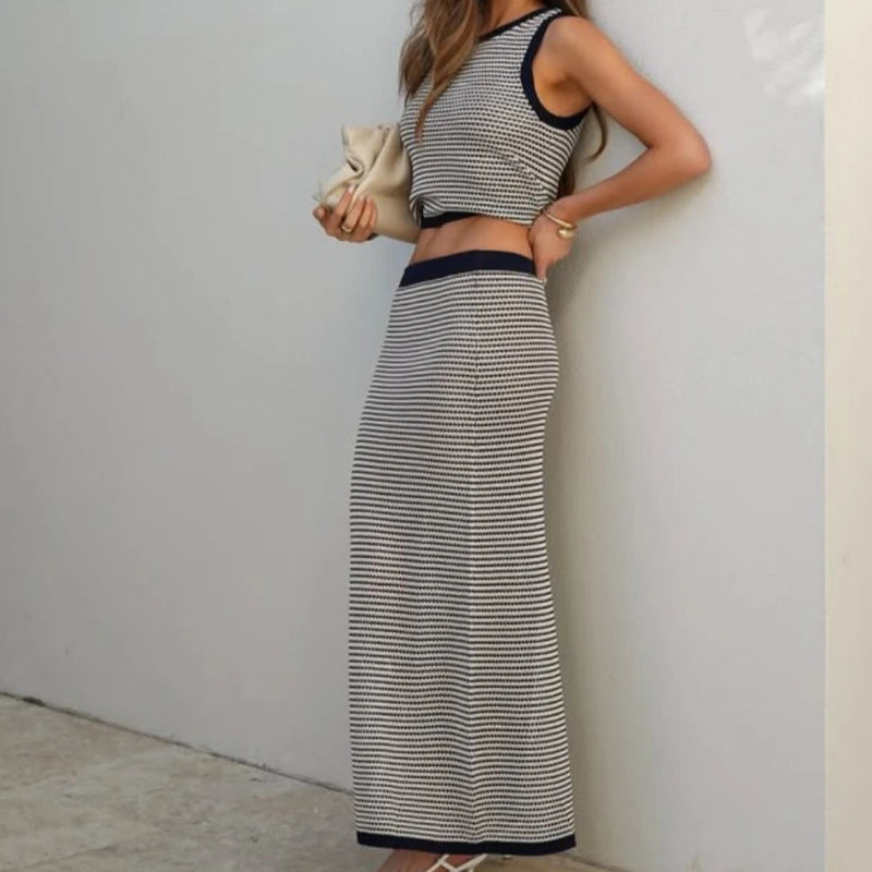 Two Piece Women's Knitted Sleeveless Striped Vest Slim Long Dress Set