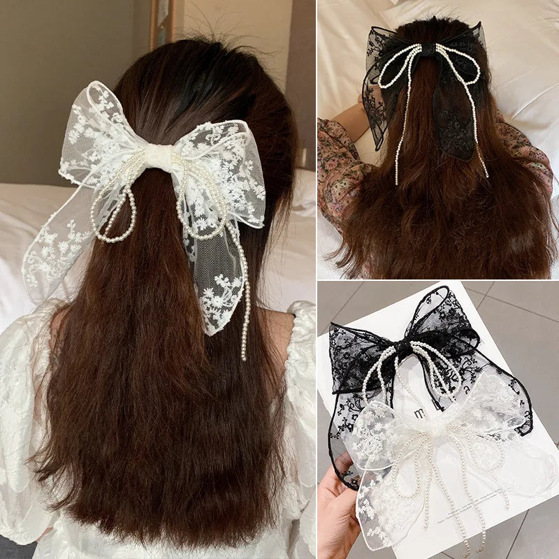 Summer Vacation Lace Hair Clip Black White Bow Knot Hair Barrettes For Women