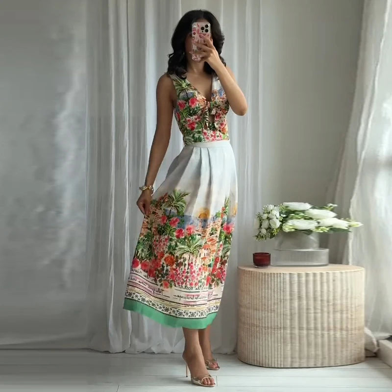 Beach Bow Vest Pleated Skirt Set