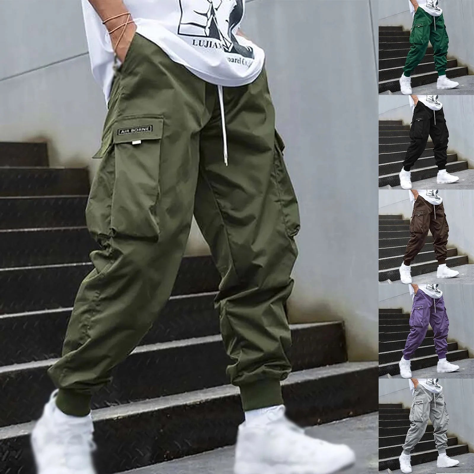 New Men's Casual Jogging Cargo Pants Solid Drawstring Sports Pants