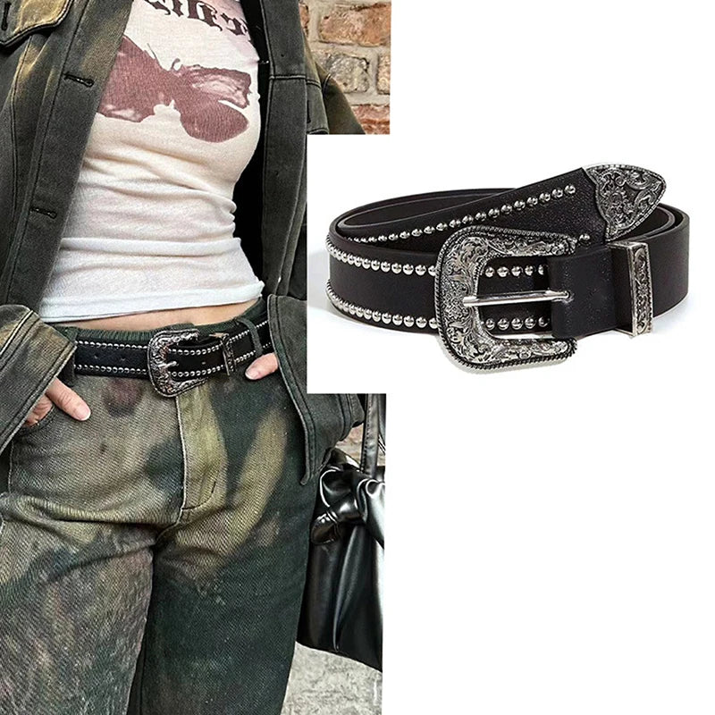 Rivet Hollow Bullet Decoration Belt Fashion  Adjustable Women Black Belt
