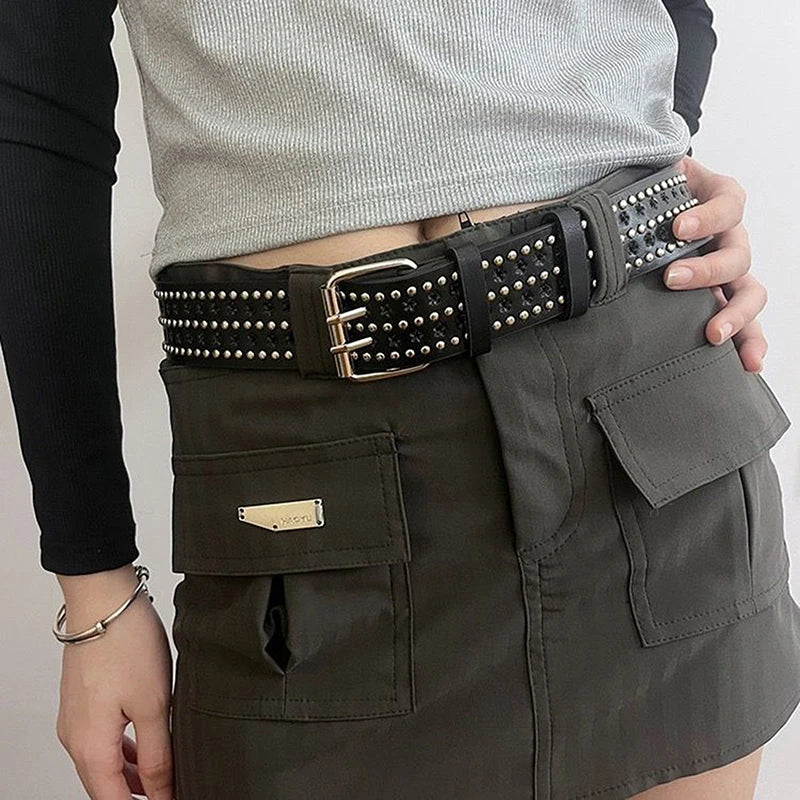 Rivet Hollow Bullet Decoration Belt Fashion  Adjustable Women Black Belt