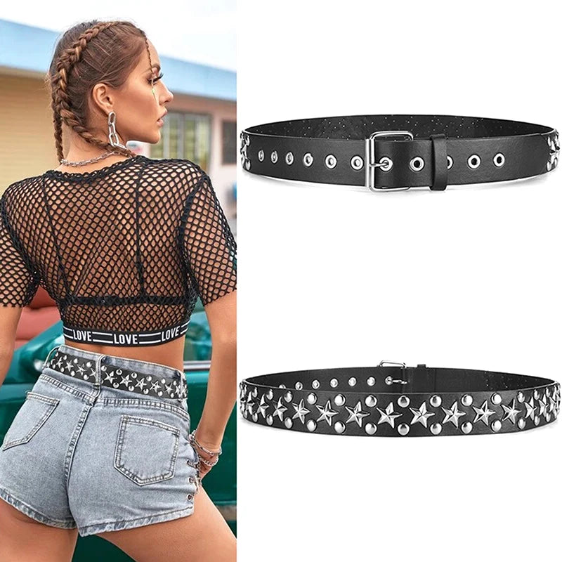 Rivet Hollow Bullet Decoration Belt Fashion  Adjustable Women Black Belt