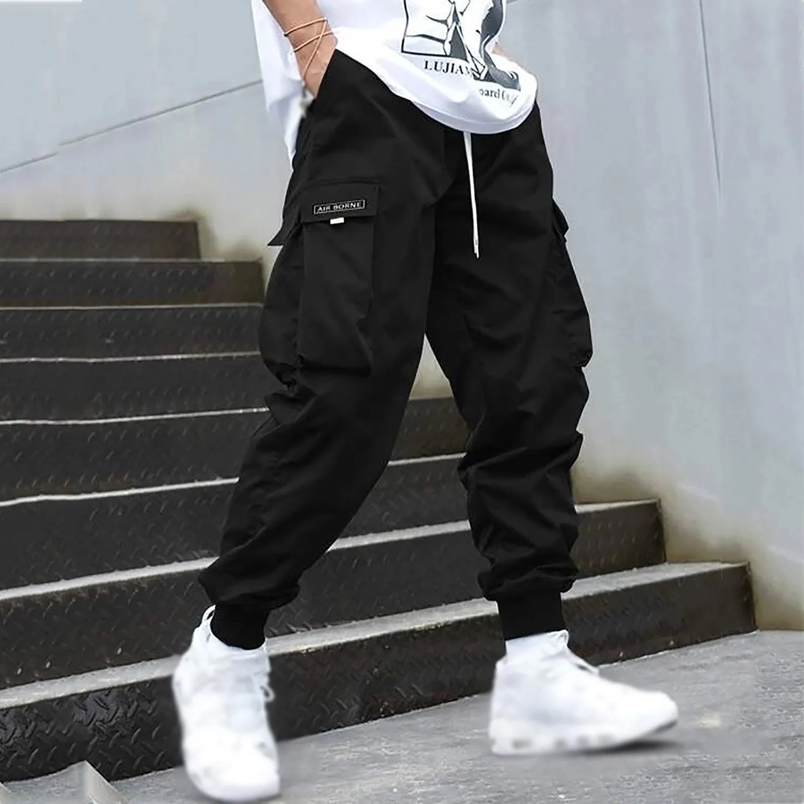 New Men's Casual Jogging Cargo Pants Solid Drawstring Sports Pants