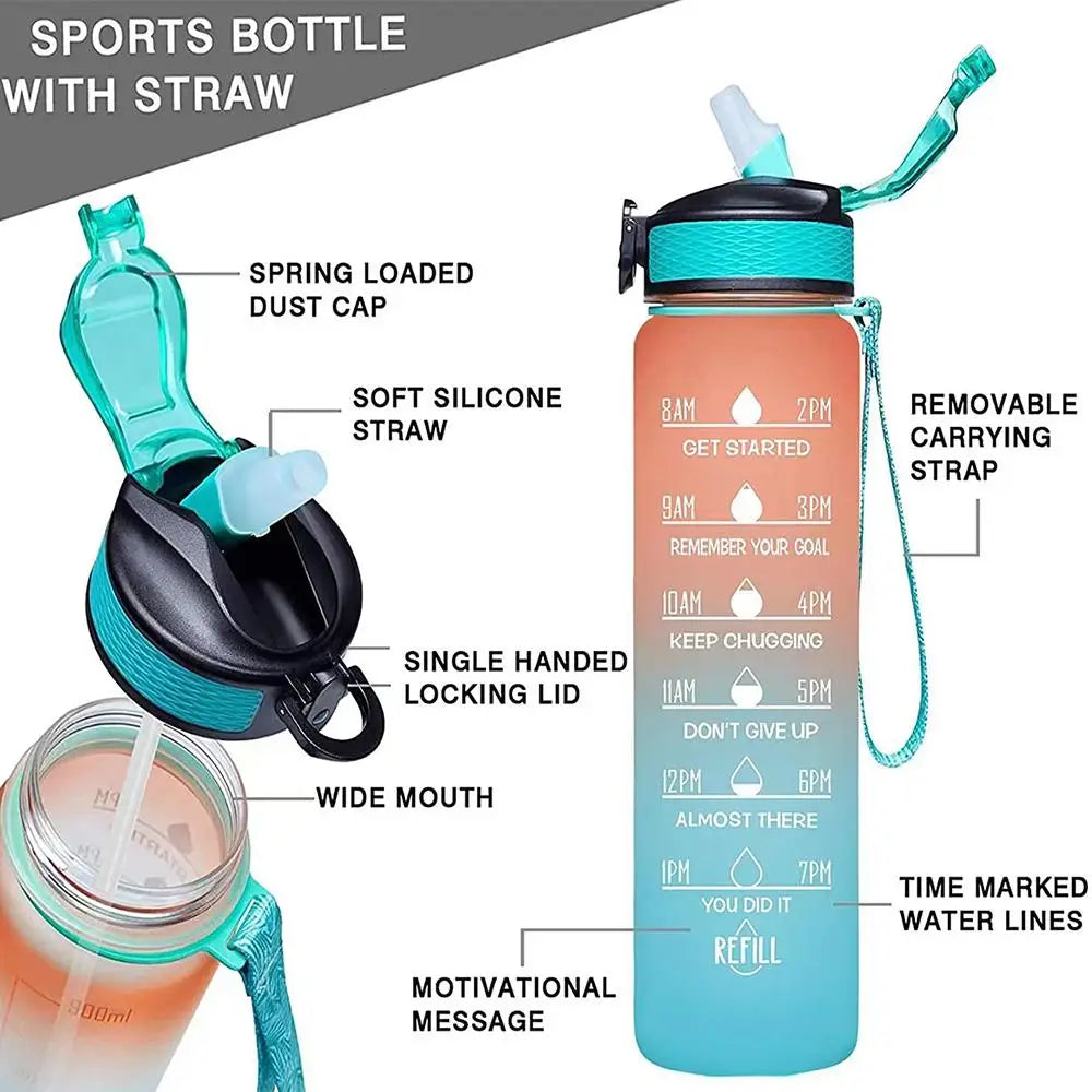 1000ml Gradient Water Bottle with Time Marker Straw Cup