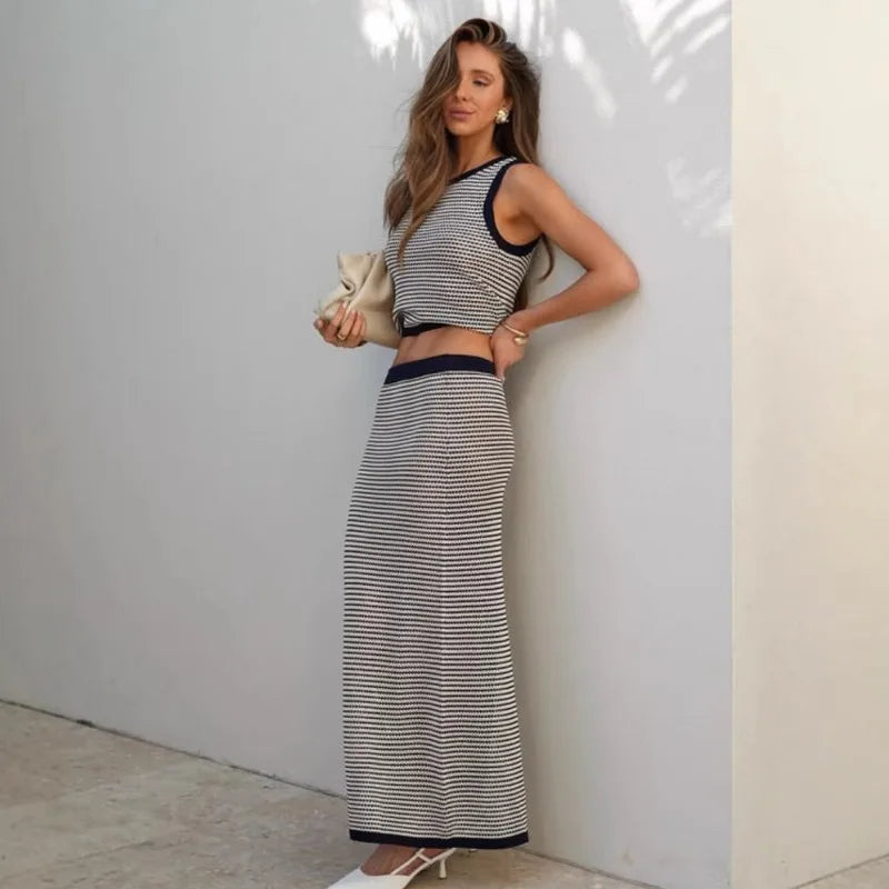 Two Piece Women's Knitted Sleeveless Striped Vest Slim Long Dress Set