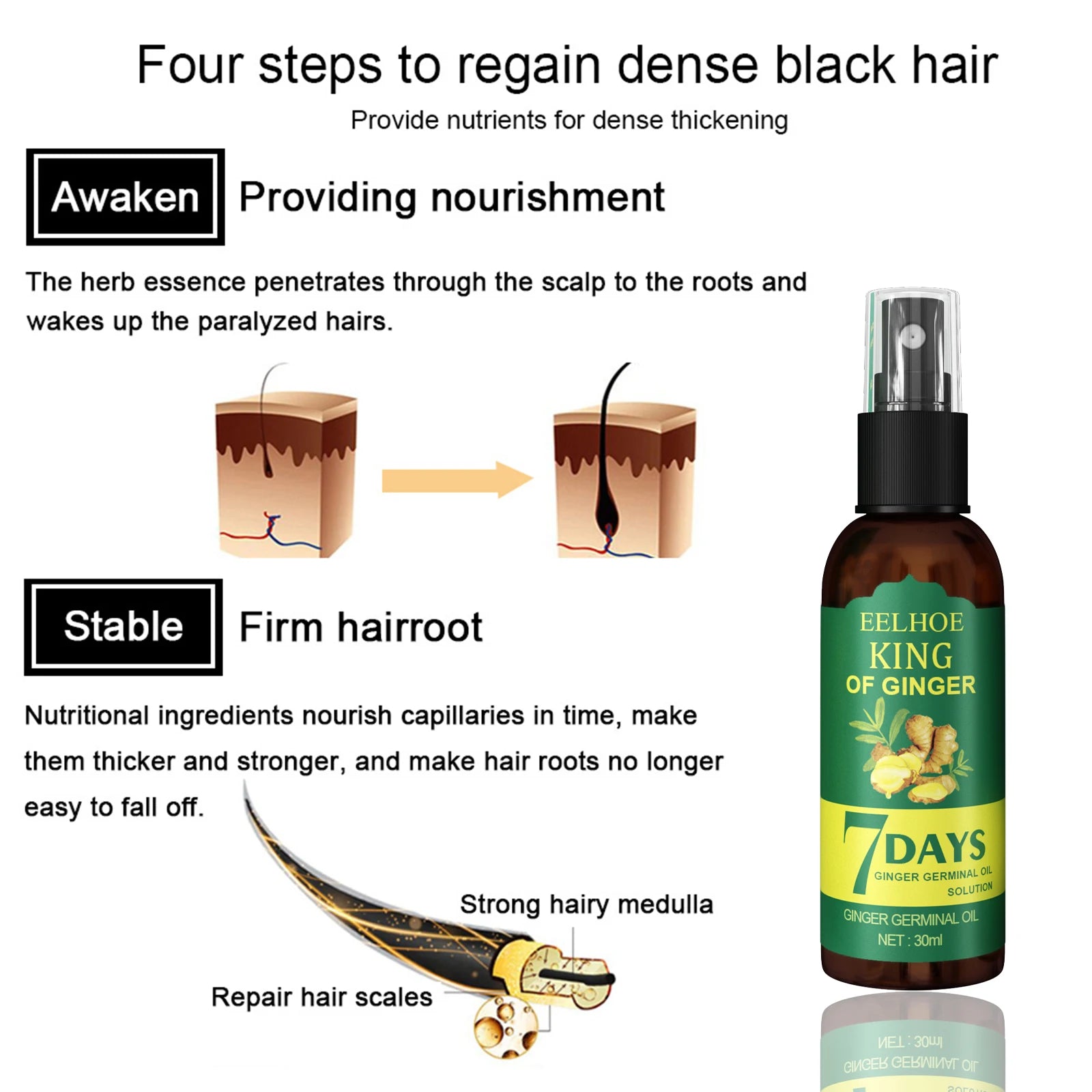 Ginger Hair Growth Spray Natural Ingredients Nutrition Increase Hair Scalp Repair Oil