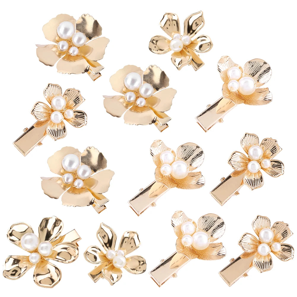 10/12/16Pcs Gold Pearl Hair Barrettes Aesthetic Alligator Hair Clips Floral Headpiece Floral Pearl Hair Pins Hair Accessories