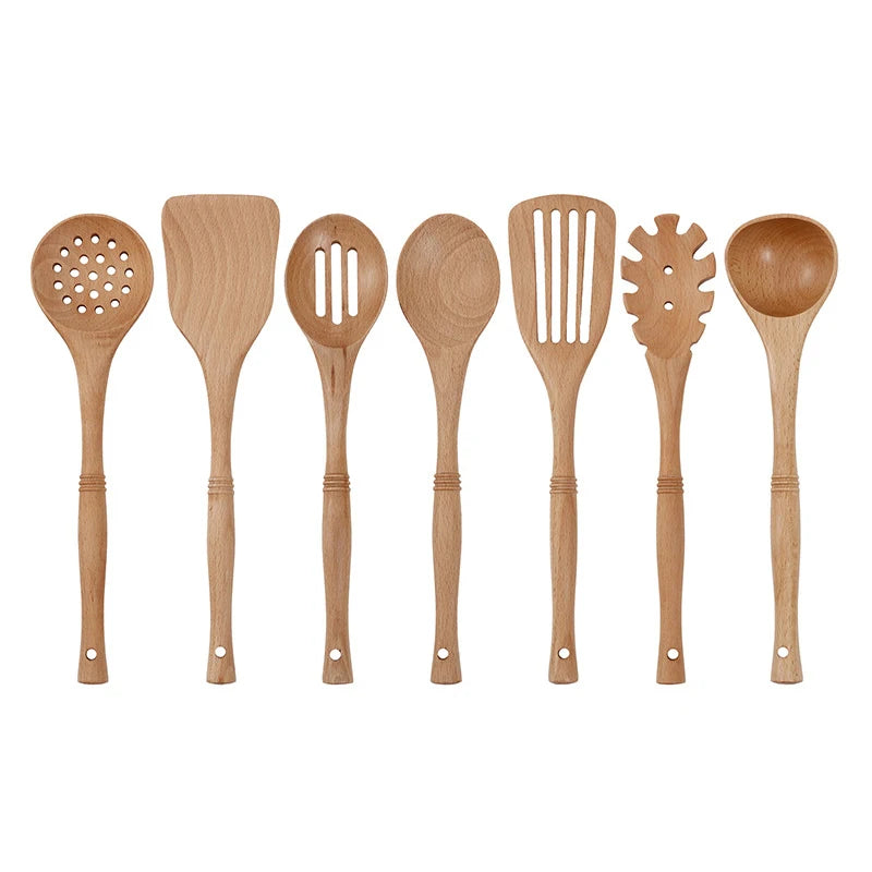 7pcs Wood Kitchen Utensils Set with Bamboo Joint Design Nature Wooden Spaghetti Spoons Wok Spatula for Cooking Accessories