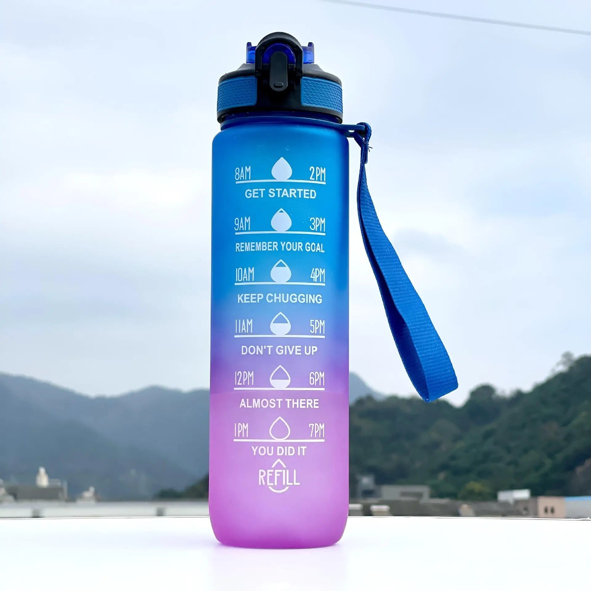 1000ml Gradient Water Bottle with Time Marker Straw Cup