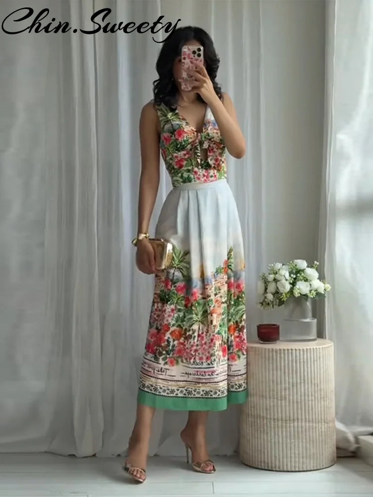 Beach Bow Vest Pleated Skirt Set