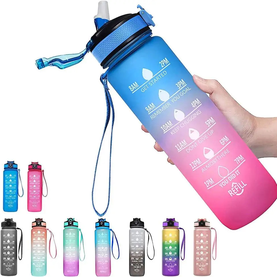 1000ml Gradient Water Bottle with Time Marker Straw Cup
