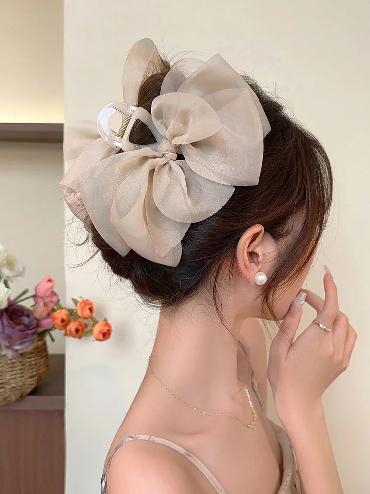 Sweet Mesh Bow Hair Claw Korean Summer Ponytail Hairpin Hair Clips
