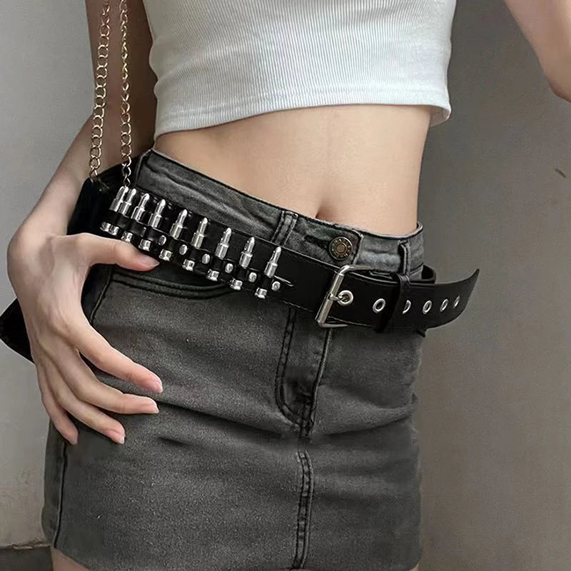 Rivet Hollow Bullet Decoration Belt Fashion  Adjustable Women Black Belt