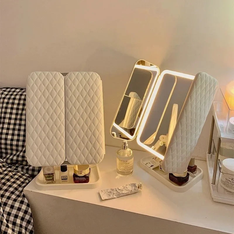 Trifold Makeup Mirror LED Lights Dorm Dressing Mirror