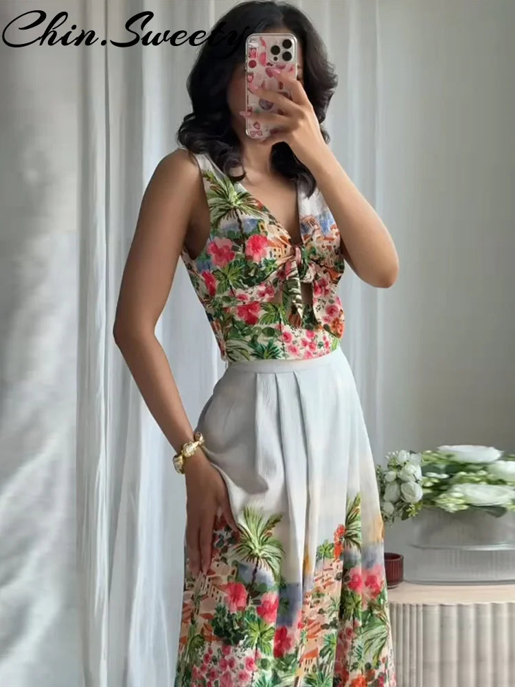 Beach Bow Vest Pleated Skirt Set