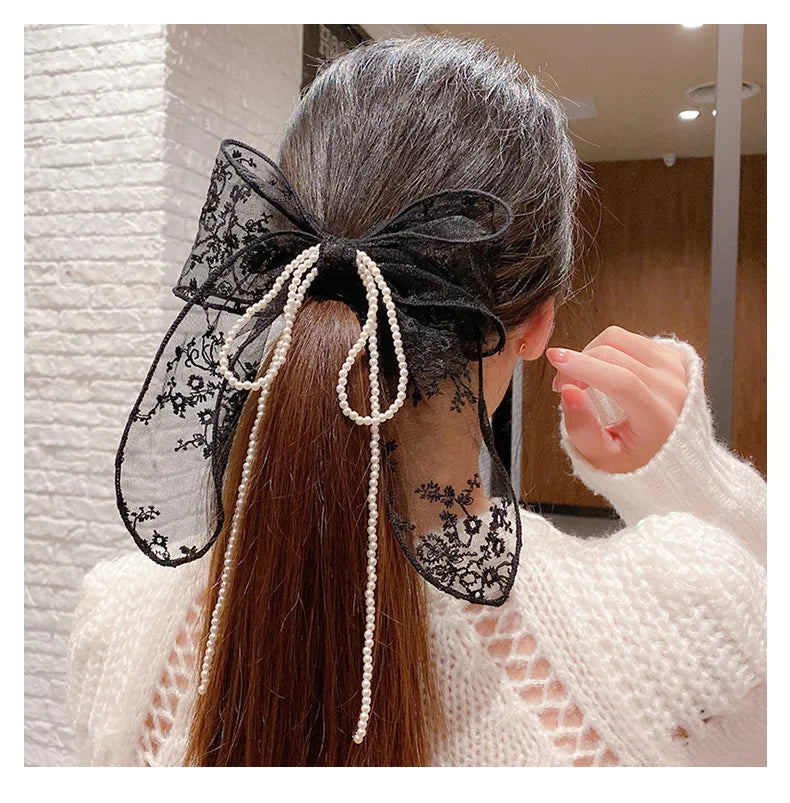 Summer Vacation Lace Hair Clip Black White Bow Knot Hair Barrettes For Women