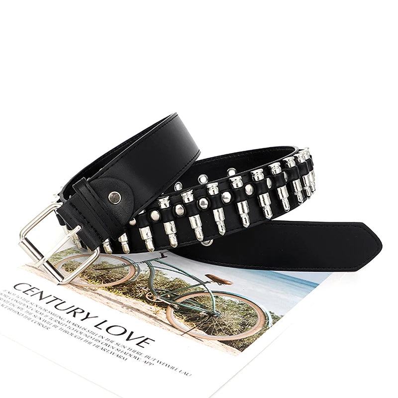 Rivet Hollow Bullet Decoration Belt Fashion  Adjustable Women Black Belt