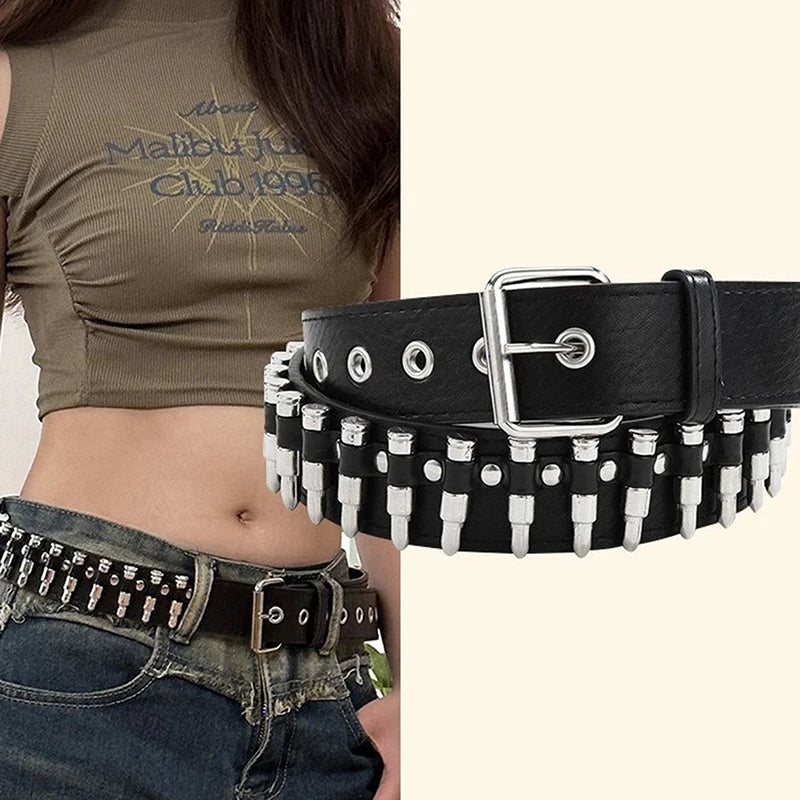 Rivet Hollow Bullet Decoration Belt Fashion  Adjustable Women Black Belt
