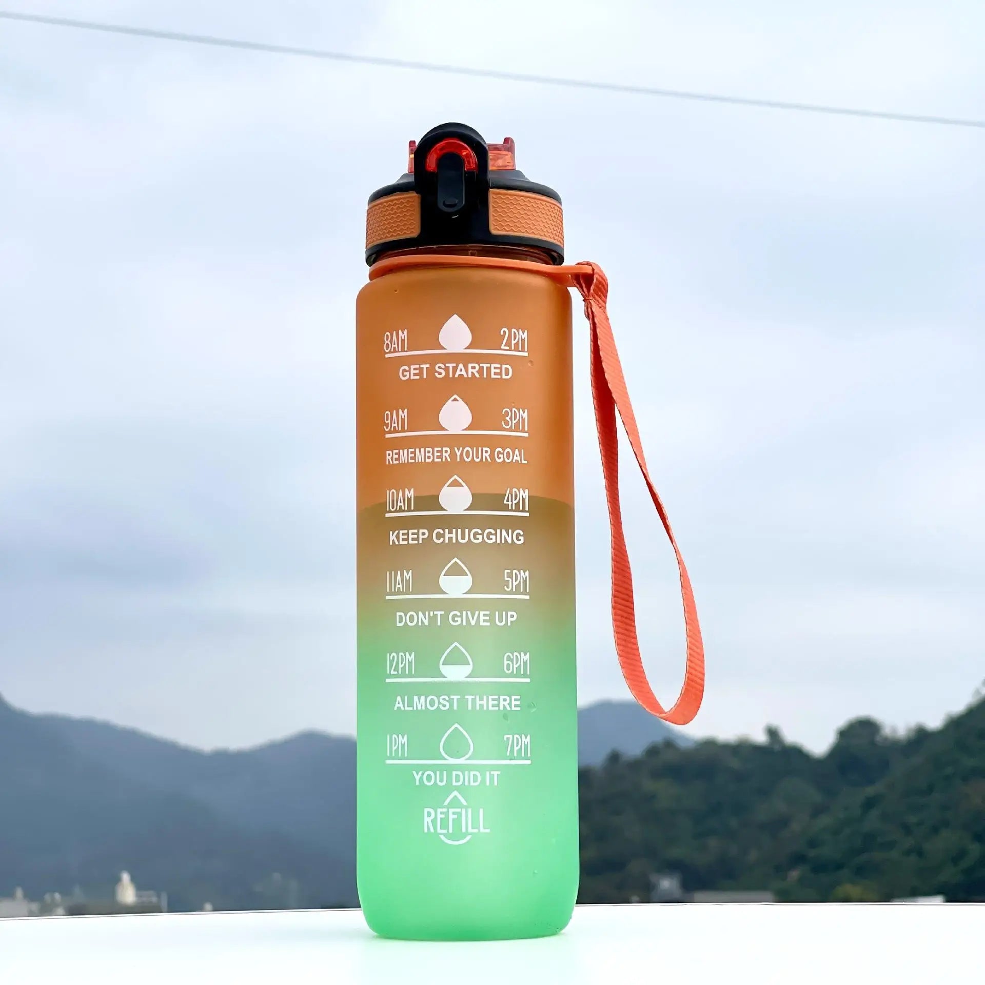1000ml Gradient Water Bottle with Time Marker Straw Cup