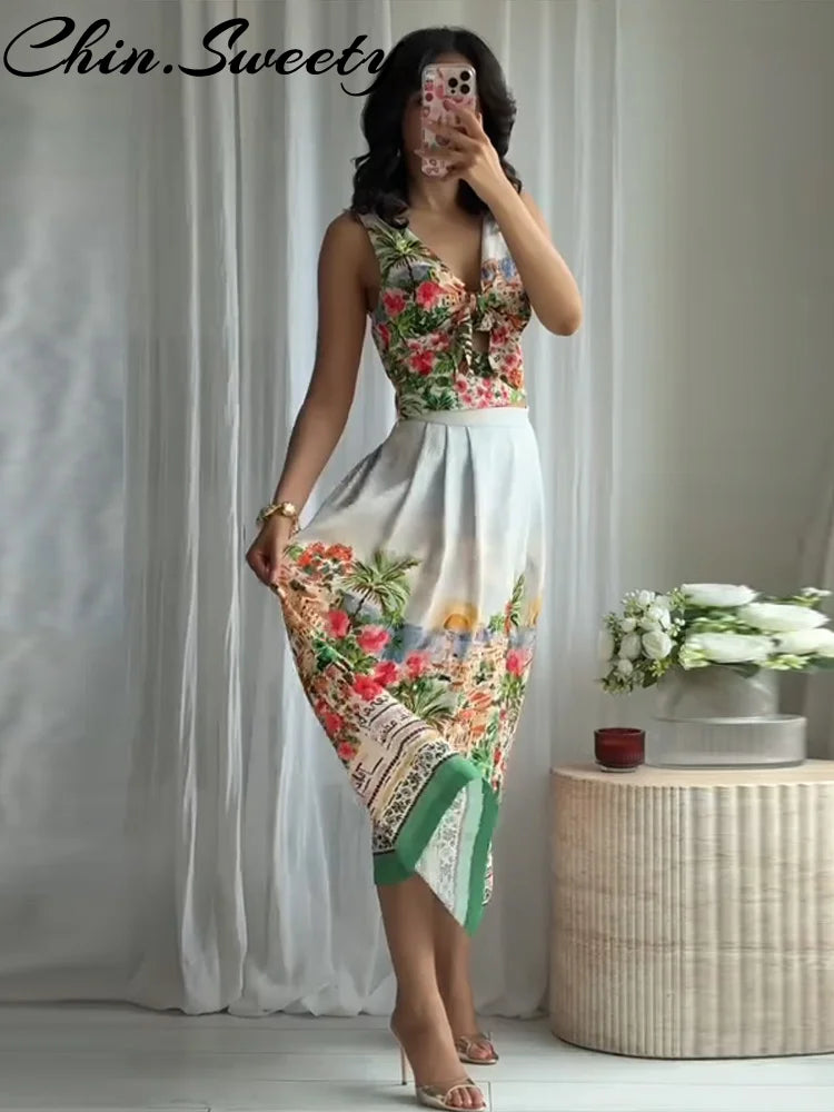 Beach Bow Vest Pleated Skirt Set