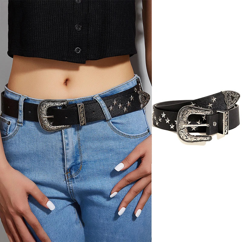 Rivet Hollow Bullet Decoration Belt Fashion  Adjustable Women Black Belt