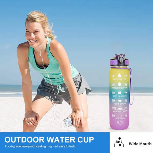 1000ml Gradient Water Bottle with Time Marker Straw Cup