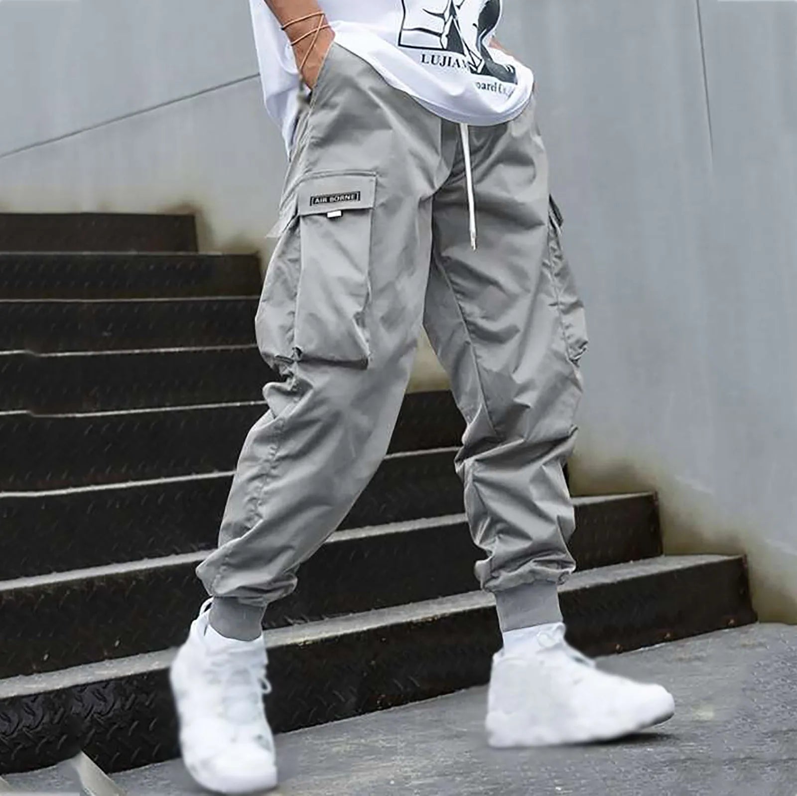 New Men's Casual Jogging Cargo Pants Solid Drawstring Sports Pants