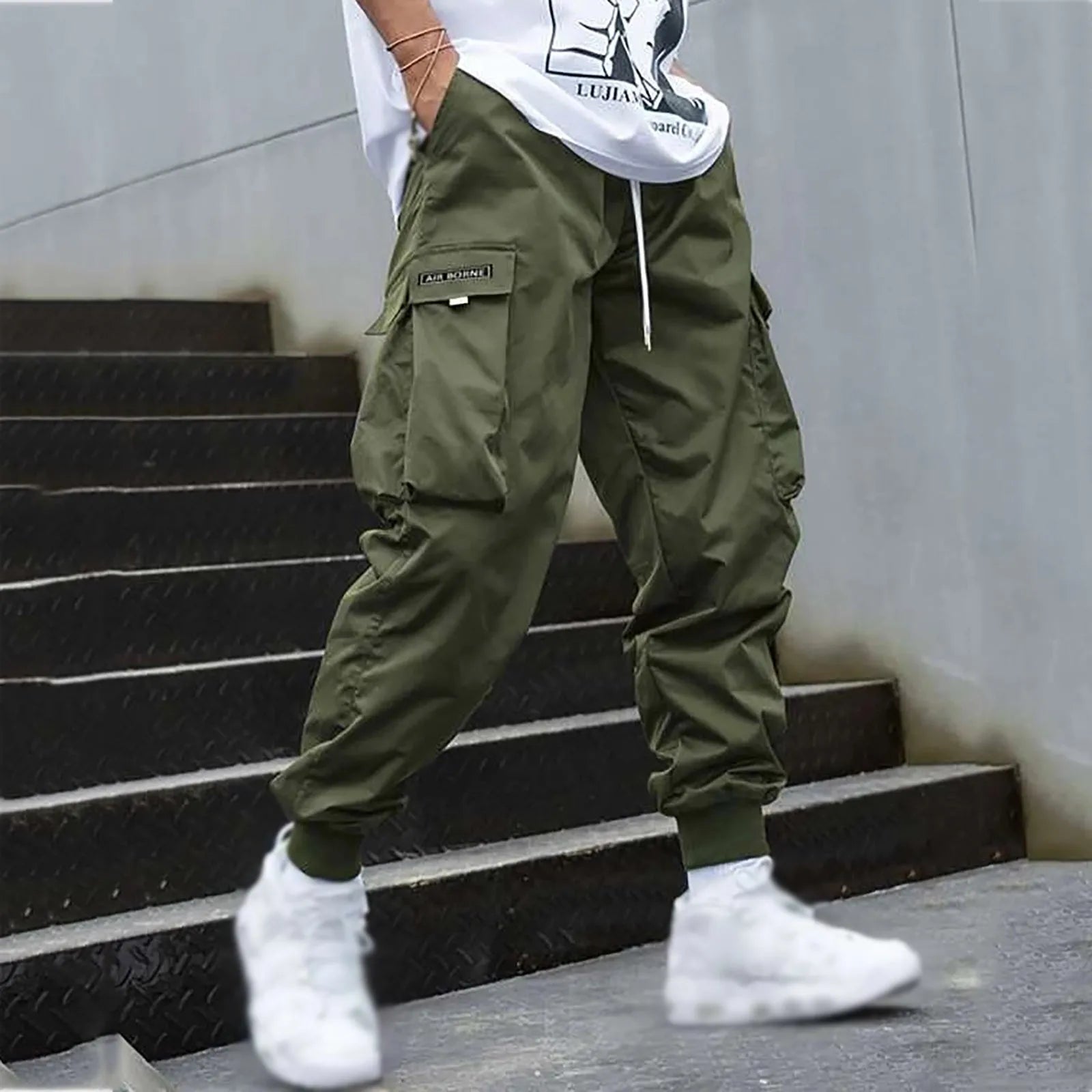 New Men's Casual Jogging Cargo Pants Solid Drawstring Sports Pants