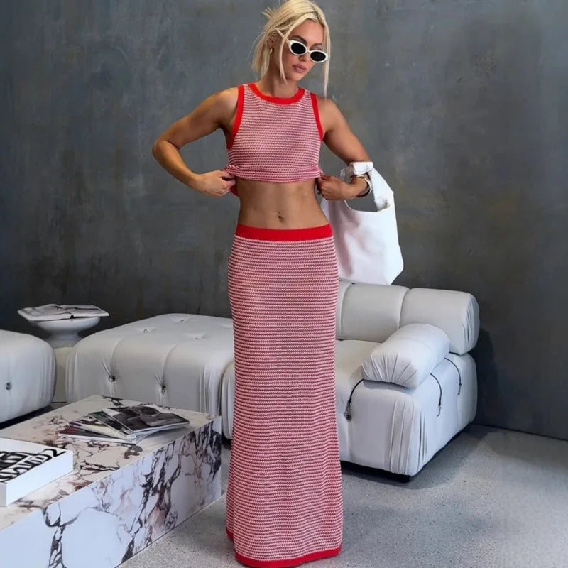 Two Piece Women's Knitted Sleeveless Striped Vest Slim Long Dress Set