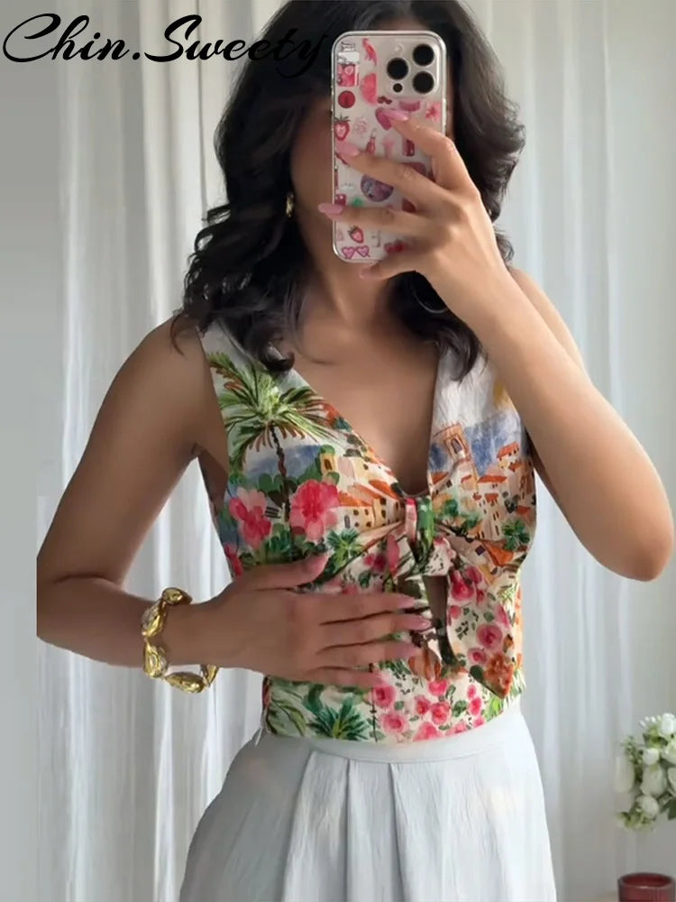 Beach Bow Vest Pleated Skirt Set
