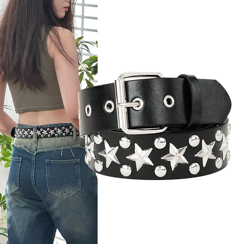Rivet Hollow Bullet Decoration Belt Fashion  Adjustable Women Black Belt