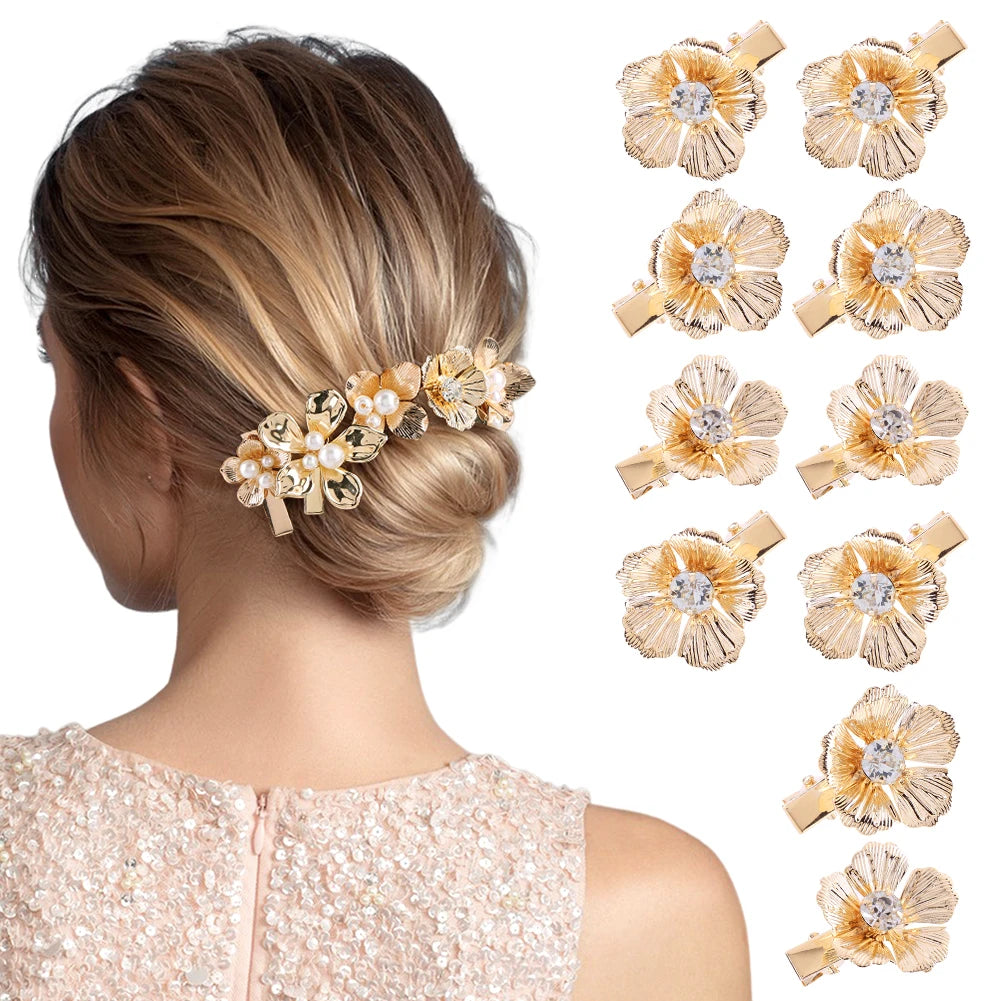10/12/16Pcs Gold Pearl Hair Barrettes Aesthetic Alligator Hair Clips Floral Headpiece Floral Pearl Hair Pins Hair Accessories