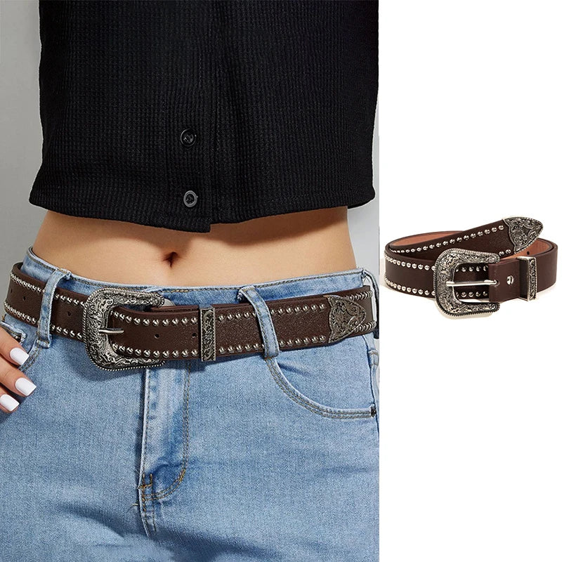 Rivet Hollow Bullet Decoration Belt Fashion  Adjustable Women Black Belt
