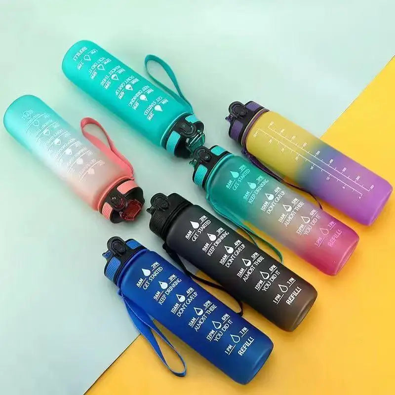 1000ml Gradient Water Bottle with Time Marker Straw Cup