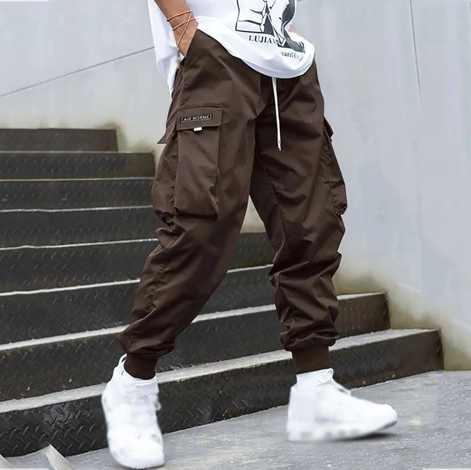 New Men's Casual Jogging Cargo Pants Solid Drawstring Sports Pants